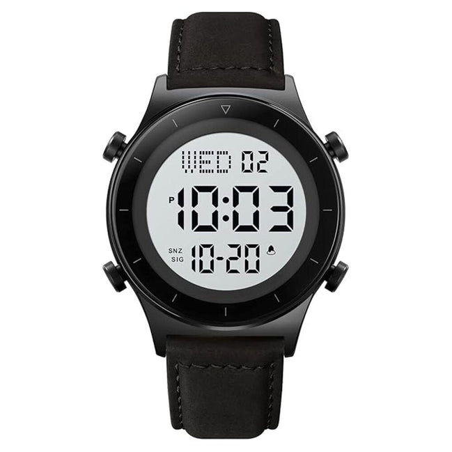 Digital Watch for Men with Black Leather Strap and Round Dial for Casual & Formal Wear