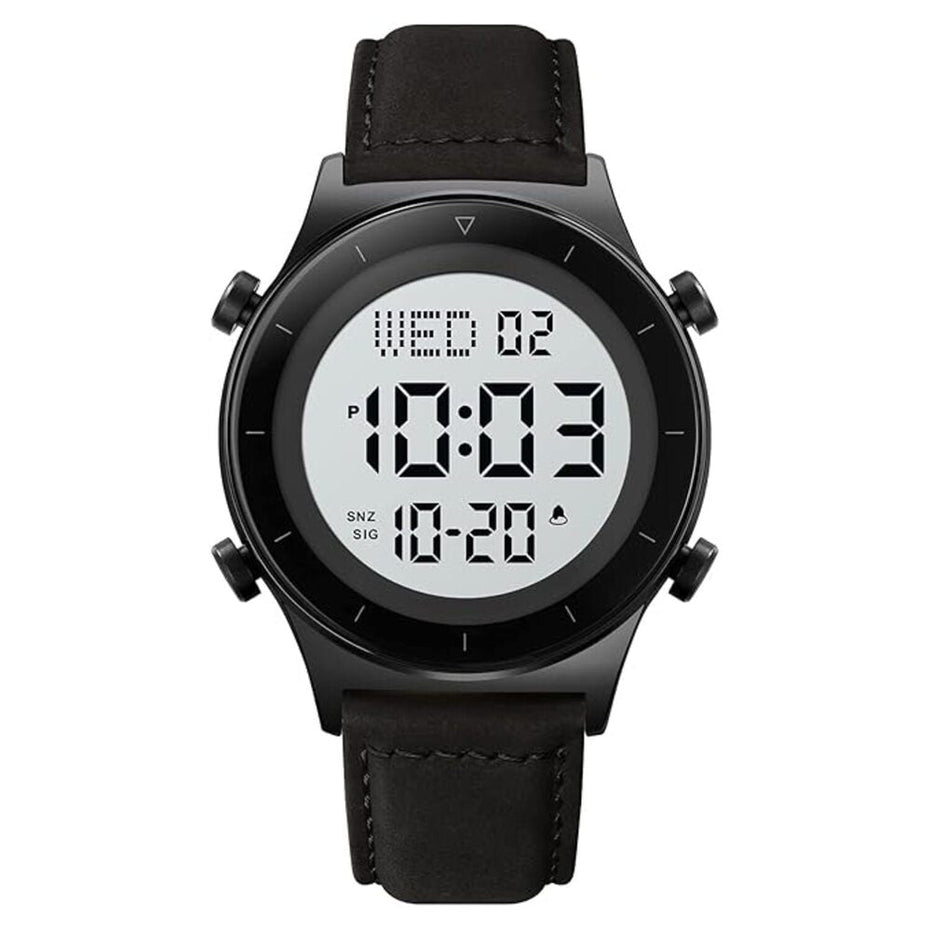 Digital Watch for Men with Black Leather Strap and Round Dial for Casual & Formal Wear
