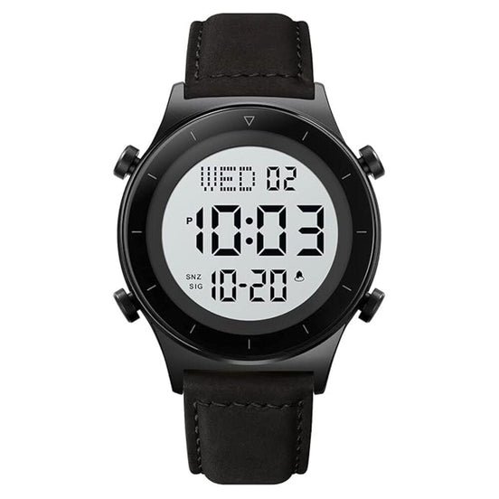 Digital Watch for Men with Black Leather Strap and Round Dial for Casual & Formal Wear