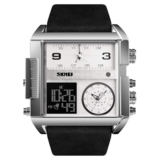 Multi Display Analog Digital Wrist Watch with Leather Strap For Men