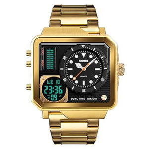 Dual Display Square Dial Wrist Watch with Metal Strap For Men