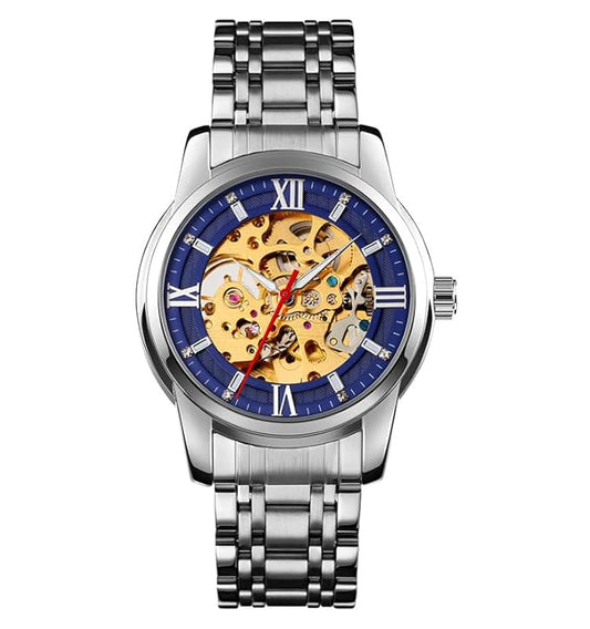 Luxury Skeleton Automatic Watch for Men Black Stainless Steel Strap, Blue Dial with Roman Numerals, Transparent Mechanical Design