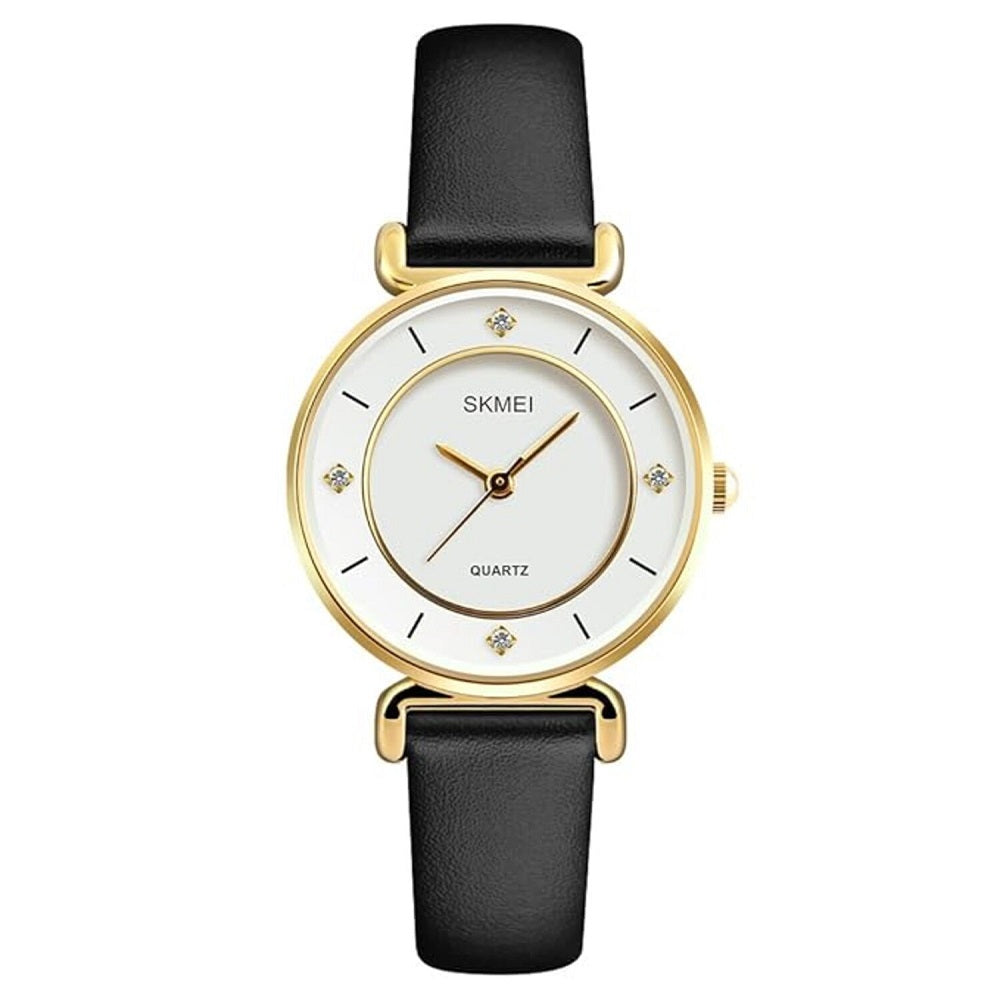 Elegant Analog Wrist Watch with Crystal Accents and Leather Strap For Women