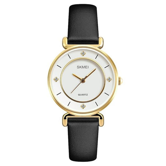 Elegant Analog Wrist Watch with Crystal Accents and Leather Strap For Women