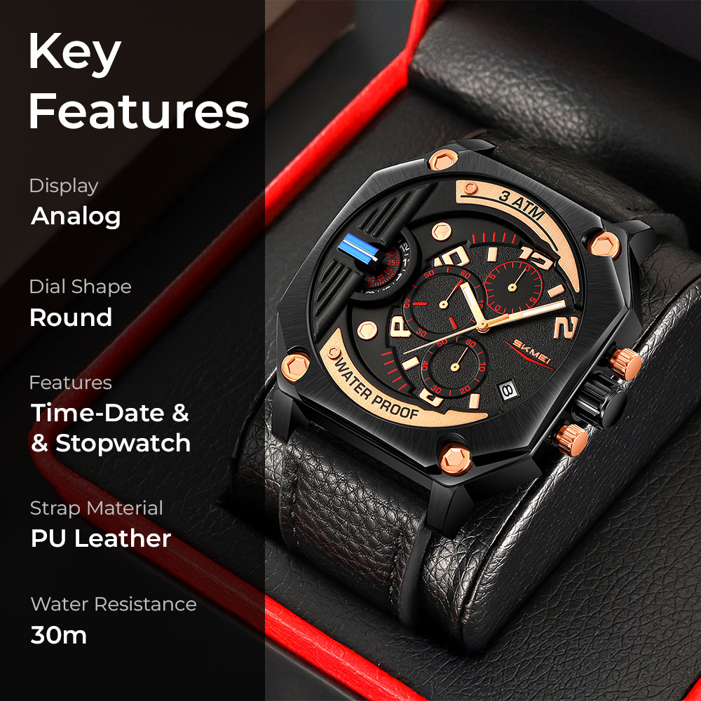 Skmei Quartz Analog Dial Leather Strap Watch for Men - 9343