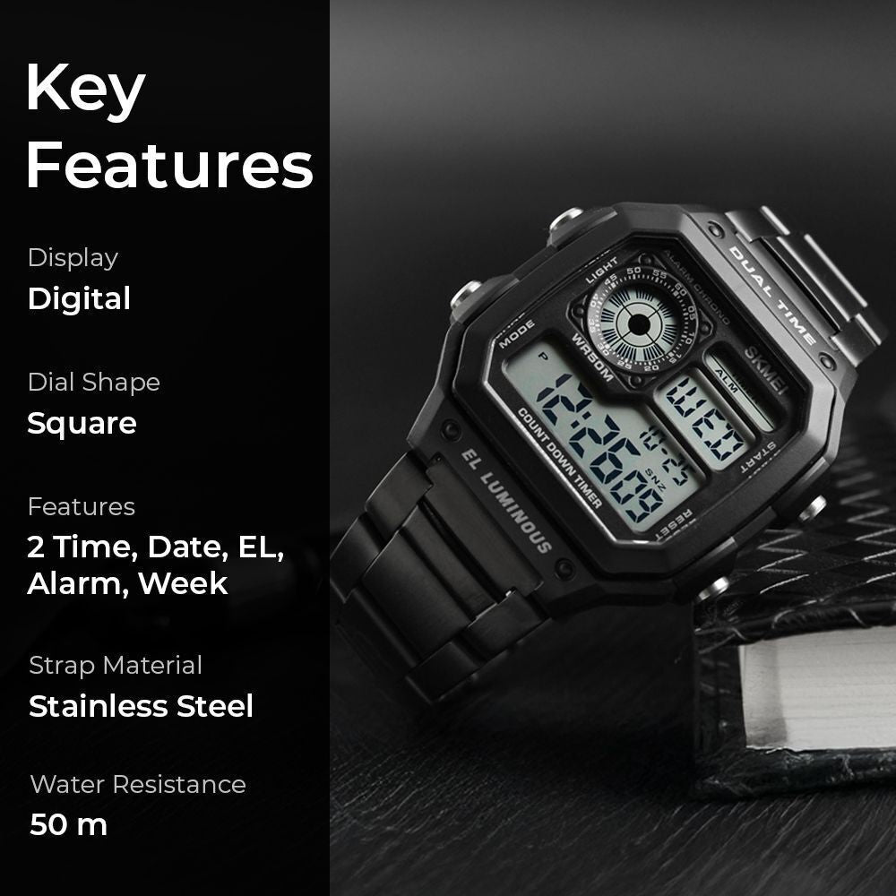 Premium Digital Watch for Men with Square Dial Dual Time Alarm Stopwatch and Metal Strap
