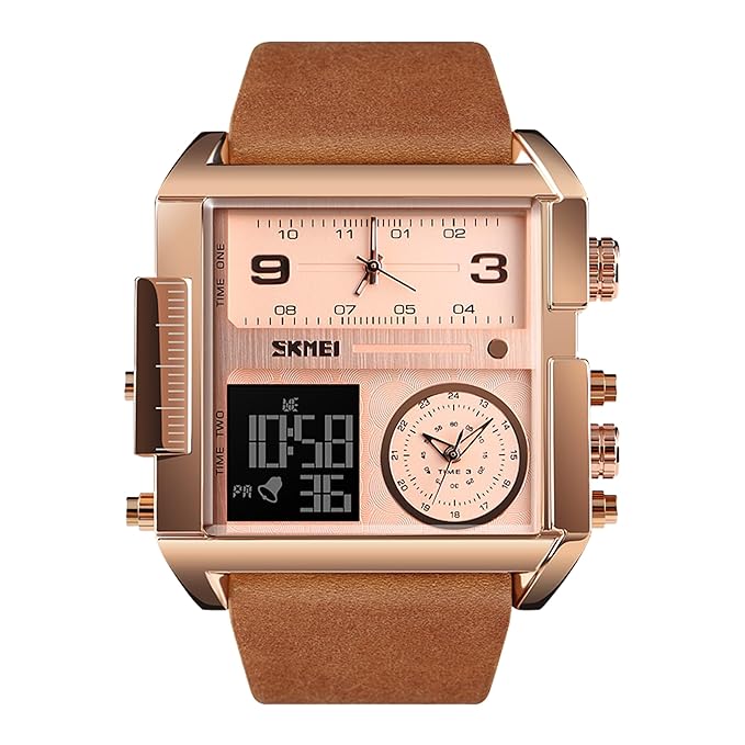Multi Display Analog Digital Wrist Watch with Leather Strap For Men