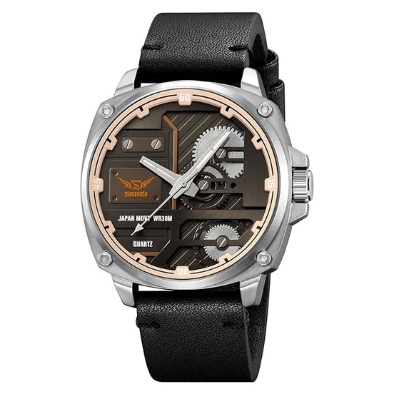 Analog Watch for Men with Black Leather Strap and Round Dial for Casual & Formal Wear