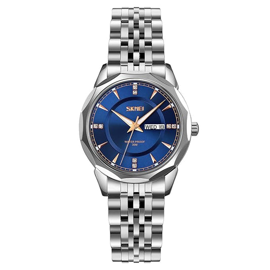 Minimalist Stainless Steel Watch with Date Week Display Simple dial Push-Button Clasp