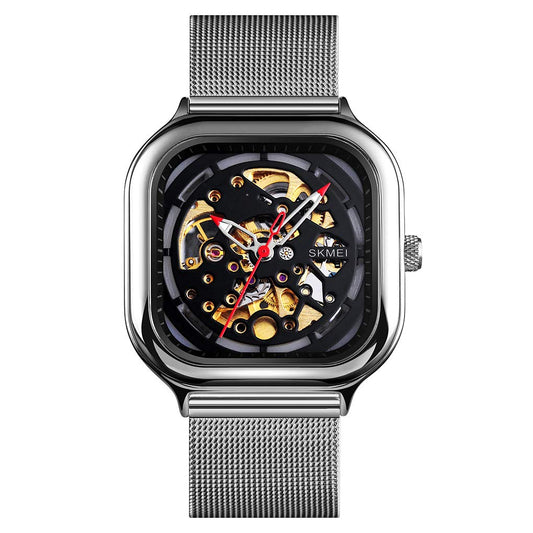 Skeleton Automatic Mechanical Watch for Men with Square Dial and Mesh Strap