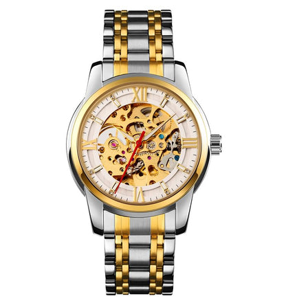 Luxury Skeleton Automatic Watch for Men Black Stainless Steel Strap, Blue Dial with Roman Numerals, Transparent Mechanical Design