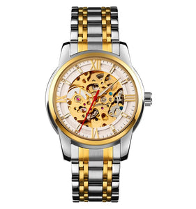 Luxury Skeleton Automatic Watch for Men Black Stainless Steel Strap, Blue Dial with Roman Numerals, Transparent Mechanical Design