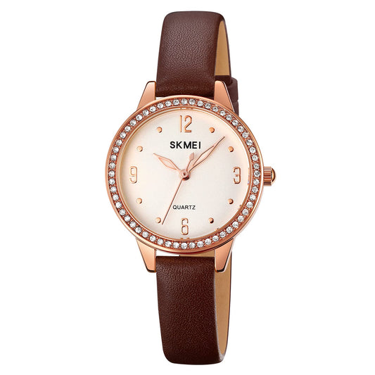 Elegant Women Wristwatch with Sparkling Rhinestone Bezel and Textured Strap