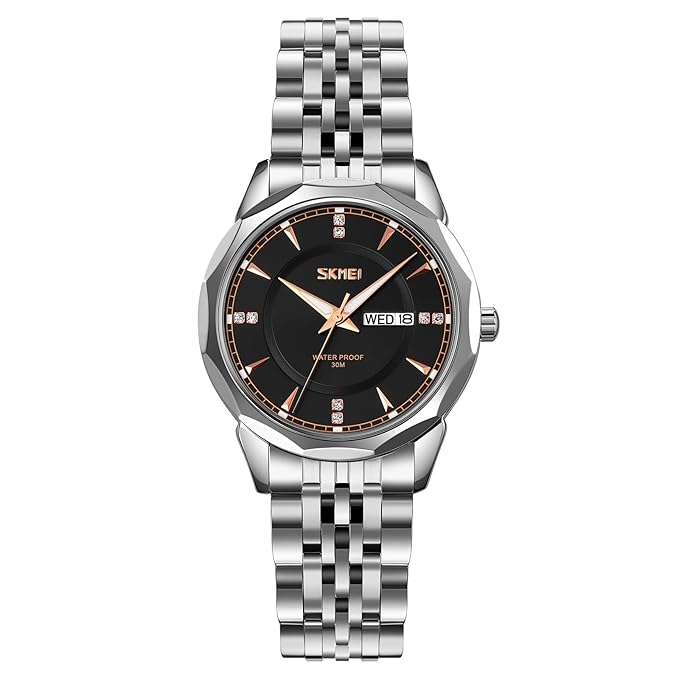 Minimalist Stainless Steel Watch with Date Week Display Simple dial Push-Button Clasp