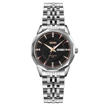 Minimalist Stainless Steel Watch with Date Week Display Simple dial Push-Button Clasp