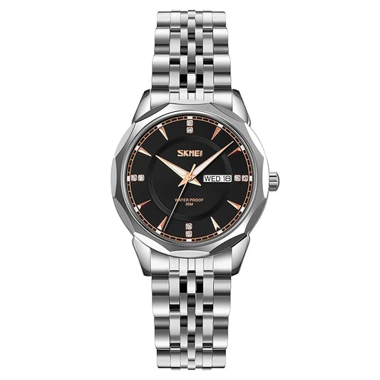 Minimalist Stainless Steel Watch with Date Week Display Simple dial Push-Button Clasp