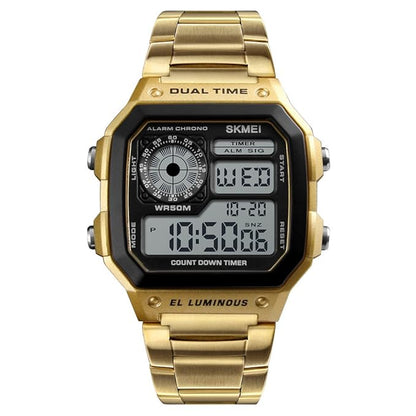 Premium Digital Watch for Men with Square Dial Dual Time Alarm Stopwatch and Metal Strap
