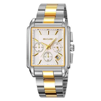 Classic Rectangular Analog Wrist Watch with Date Display and Metal Strap for men