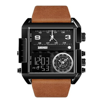 Multi Display Analog Digital Wrist Watch with Leather Strap For Men