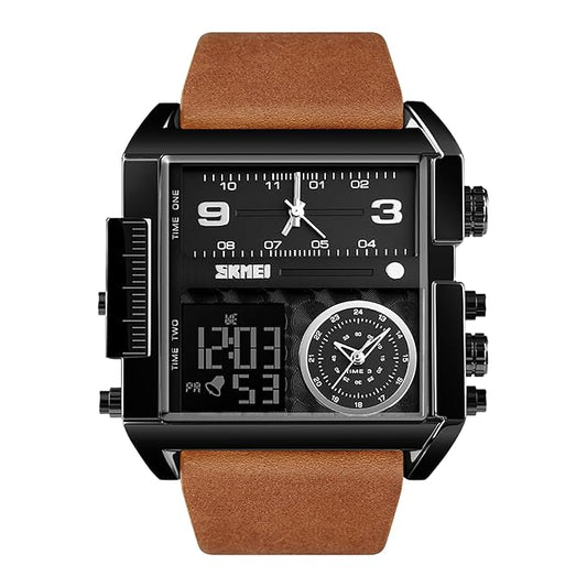 Multi Display Analog Digital Wrist Watch with Leather Strap For Men