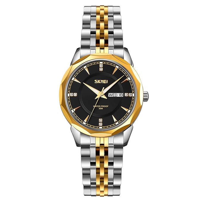Minimalist Stainless Steel Watch with Date Week Display Simple dial Push-Button Clasp