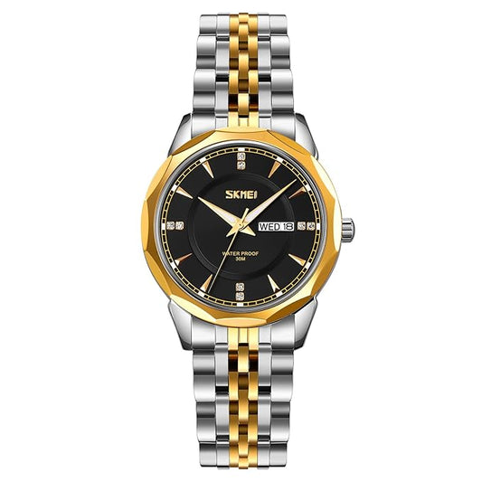 Minimalist Stainless Steel Watch with Date Week Display Simple dial Push-Button Clasp