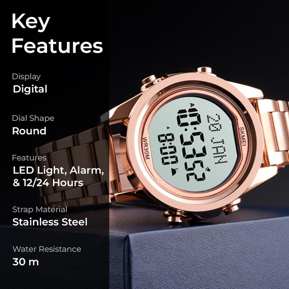 Digital Watch for Men with Rose Gold Stainless Steel Strap and Round Dial for Casual & Formal Wear