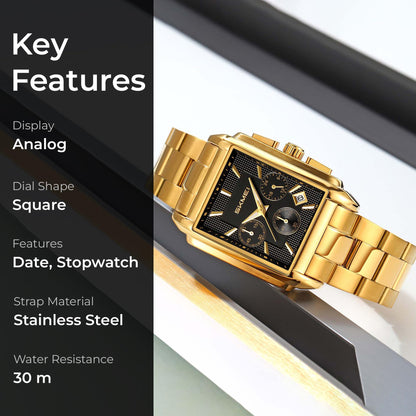 Classic Rectangular Analog Wrist Watch with Date Display and Metal Strap for men