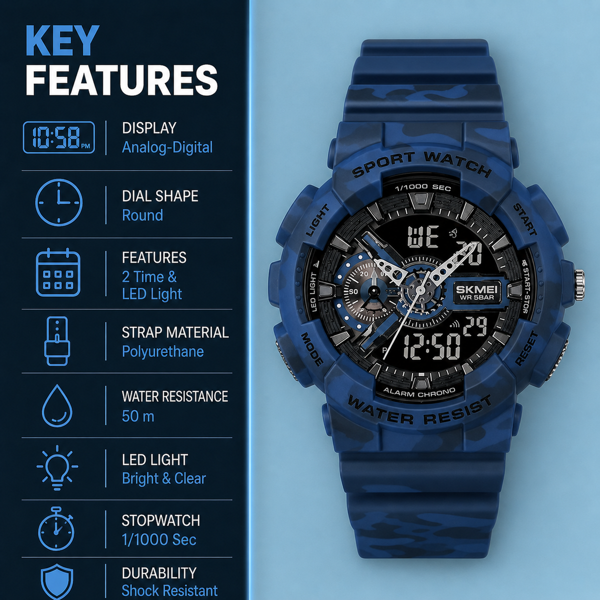 Analog-Digital Watch for Men with Blue Polyurethane Strap and Round Dial for Casual & Formal Wear