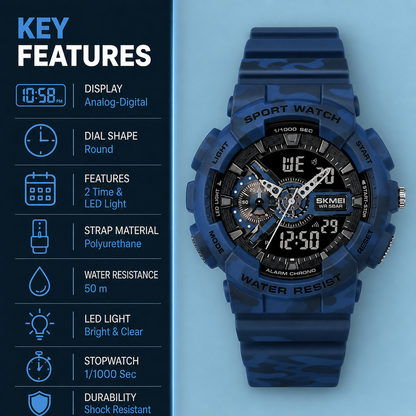 Analog-Digital Sports Watch Multifunction LED Display Alarm, Stopwatch, Day-Date Water Resistant Durable Watch for Boys & Girls