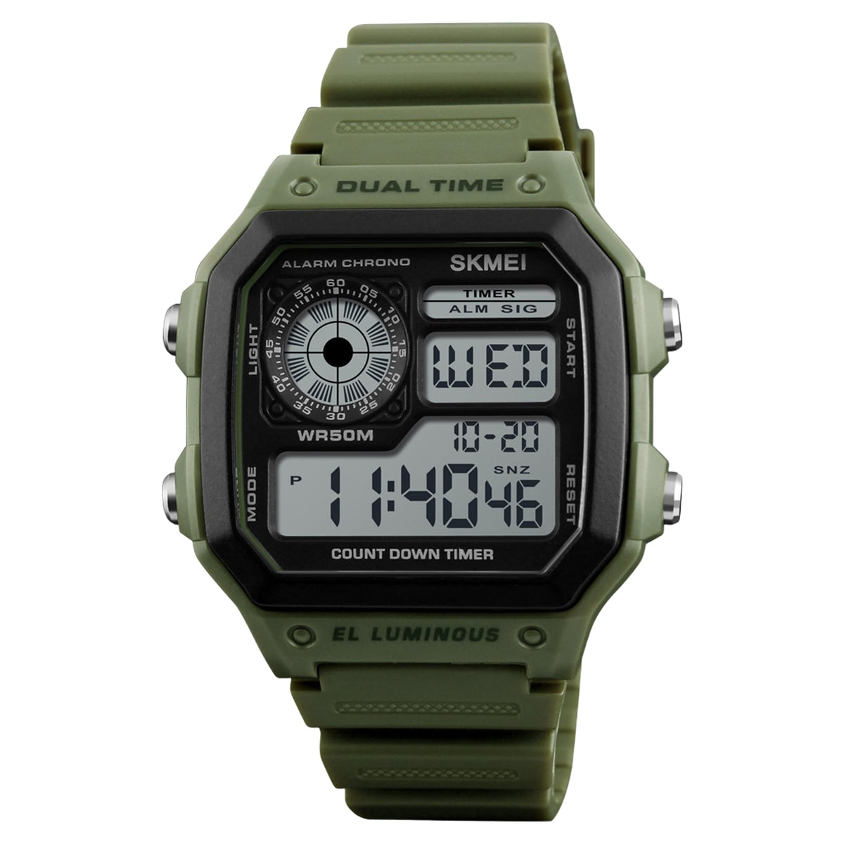 Digital Watch for Men with Army Green Silicone Strap and Round Dial for Casual & Formal Wear
