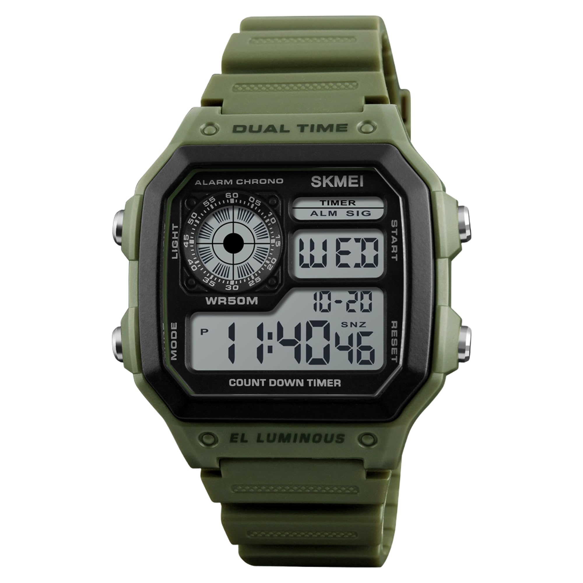 Digital Watch for Men with Army Green Silicone Strap and Round Dial for Casual & Formal Wear