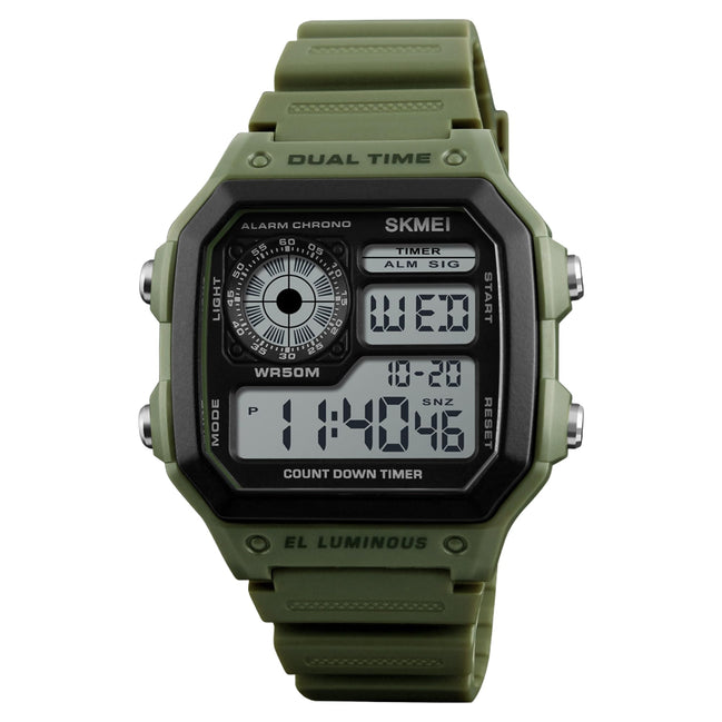 Digital Watch for Men with Army Green Silicone Strap and Round Dial for Casual & Formal Wear
