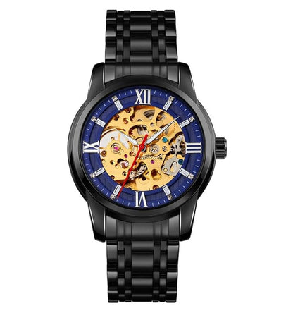 Luxury Skeleton Automatic Watch for Men Black Stainless Steel Strap, Blue Dial with Roman Numerals, Transparent Mechanical Design