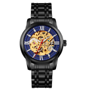 Luxury Skeleton Automatic Watch for Men Black Stainless Steel Strap, Blue Dial with Roman Numerals, Transparent Mechanical Design