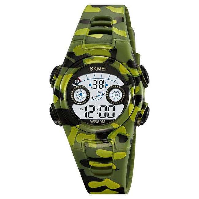 Digital Watch for Kids with Army Green Camouflage Polyurethane Strap and Round Dial for Casual & Formal Wear
