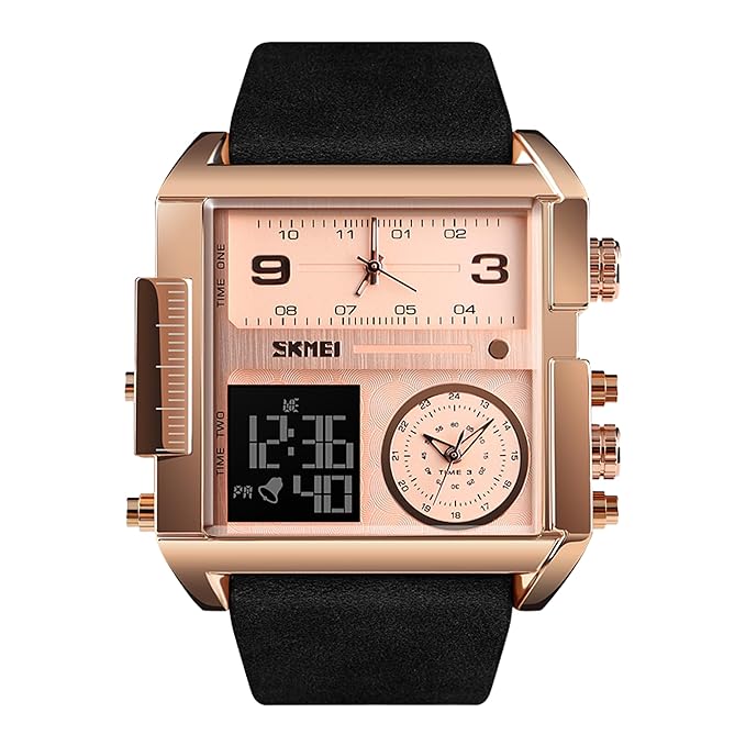 Multi Display Analog Digital Wrist Watch with Leather Strap For Men