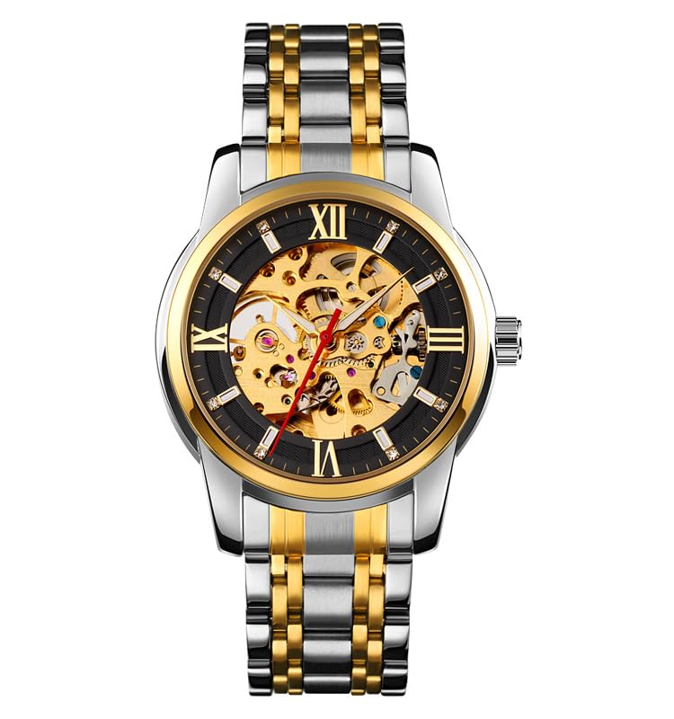 Luxury Skeleton Automatic Watch for Men Black Stainless Steel Strap, Blue Dial with Roman Numerals, Transparent Mechanical Design