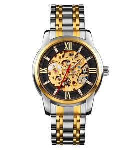 Luxury Skeleton Automatic Watch for Men Black Stainless Steel Strap, Blue Dial with Roman Numerals, Transparent Mechanical Design