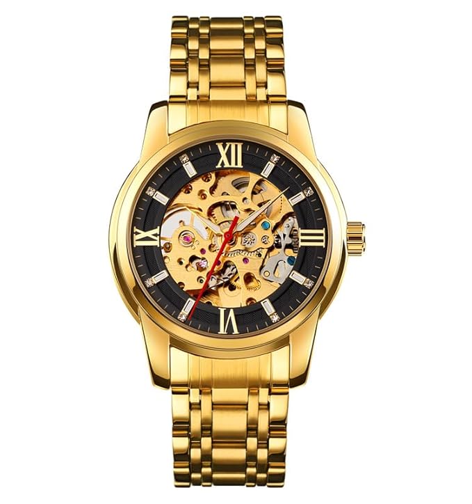 Luxury Skeleton Automatic Watch for Men Black Stainless Steel Strap, Blue Dial with Roman Numerals, Transparent Mechanical Design