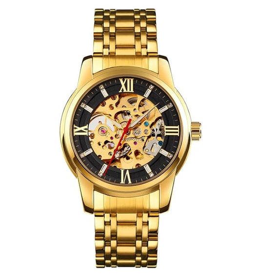 Luxury Skeleton Automatic Watch for Men Black Stainless Steel Strap, Blue Dial with Roman Numerals, Transparent Mechanical Design