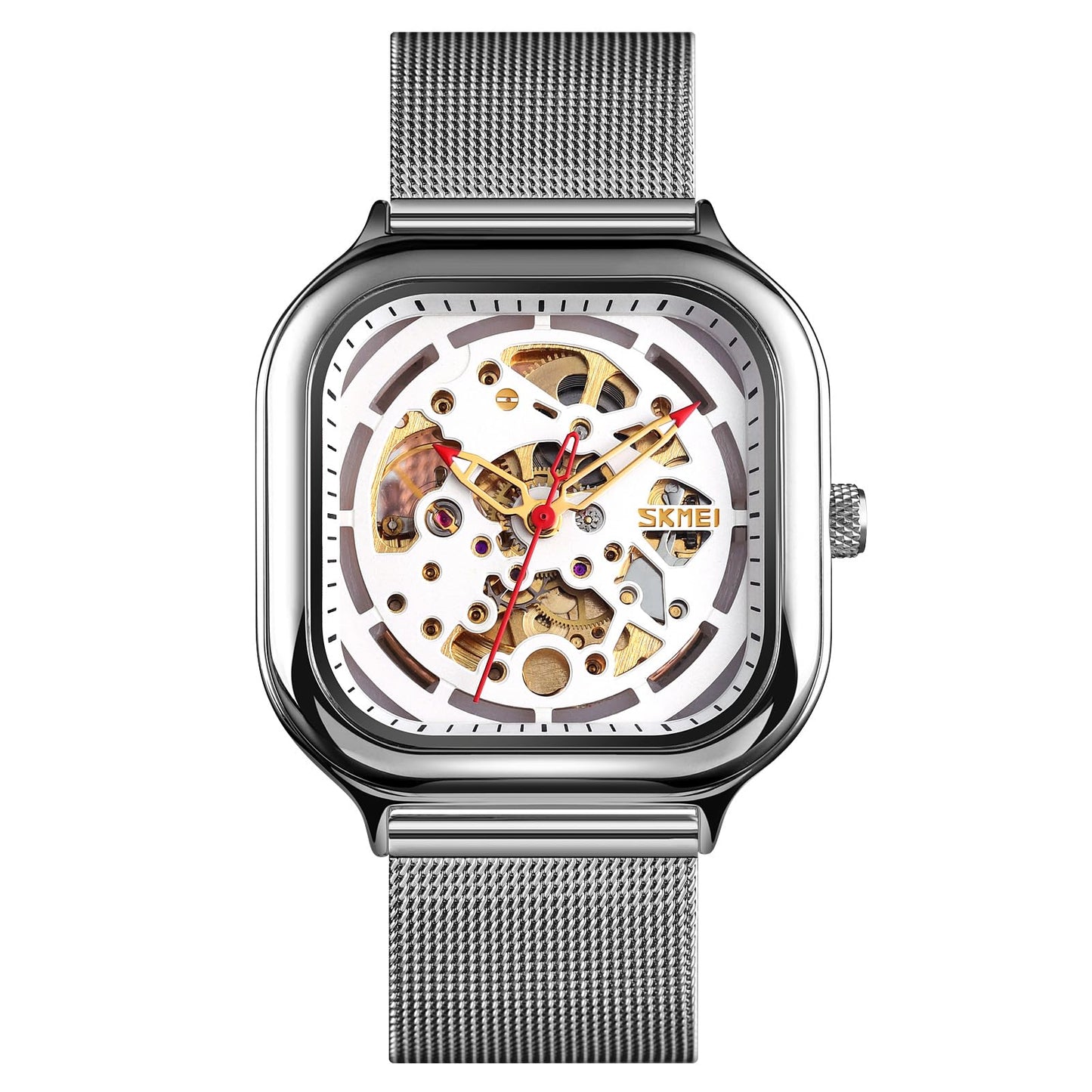 Skeleton Automatic Mechanical Watch for Men with Square Dial and Mesh Strap