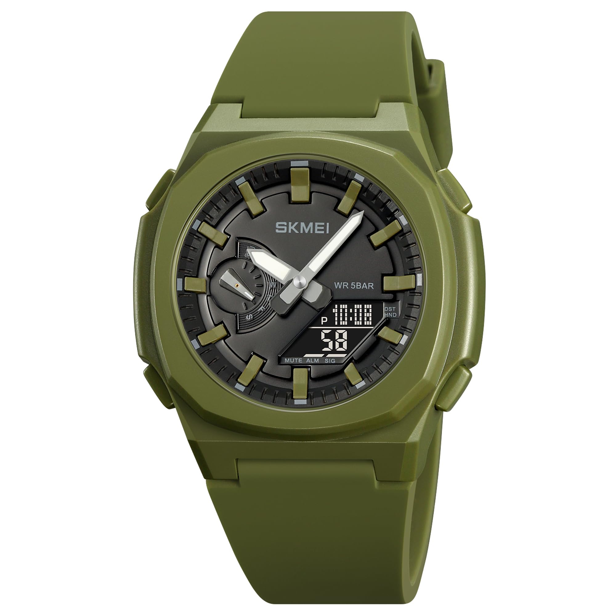 Analog-Digital Watch for Men with Army Green Silicone Strap and Round Dial for Casual & Formal Wear