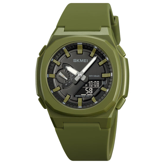 Analog-Digital Watch for Men with Army Green Silicone Strap and Round Dial for Casual & Formal Wear