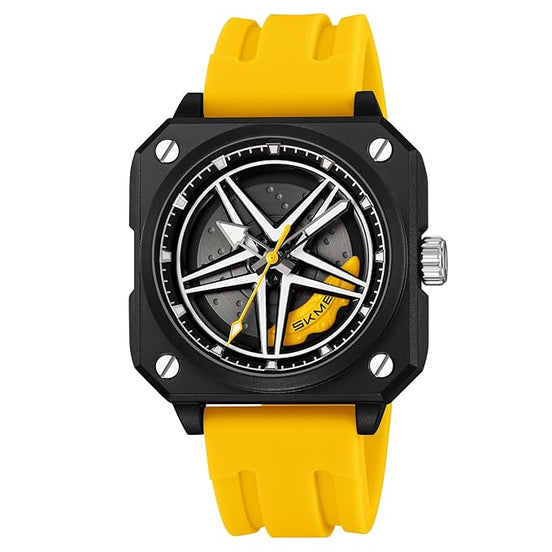 Rolling Watch for Men with Yellow Silicone Strap and Round Dial for Casual & Formal Wear