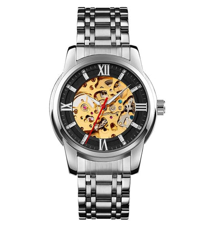 Luxury Skeleton Automatic Watch for Men Black Stainless Steel Strap, Blue Dial with Roman Numerals, Transparent Mechanical Design