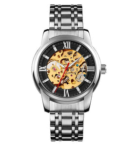 Luxury Skeleton Automatic Watch for Men Black Stainless Steel Strap, Blue Dial with Roman Numerals, Transparent Mechanical Design
