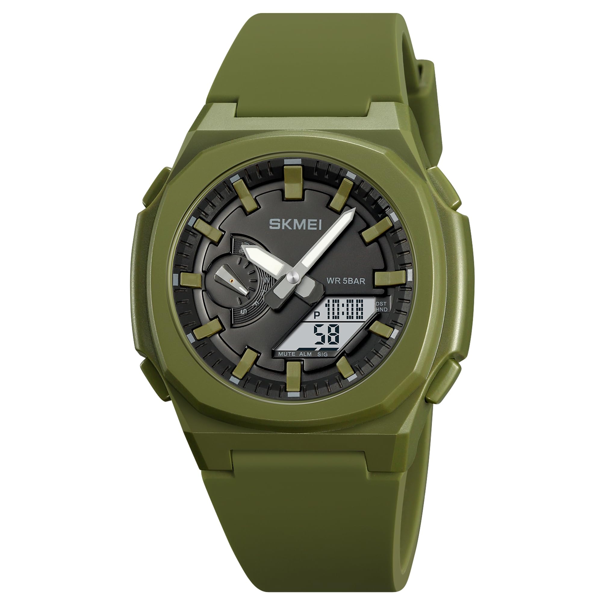 Analog-Digital Watch for Men with Army Green Silicone Strap and Round Dial for Casual & Formal Wear