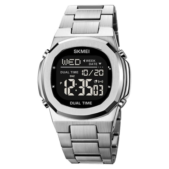 Digital Watch for Men with Silver Metal Strap and Round Dial for Casual & Formal Wear