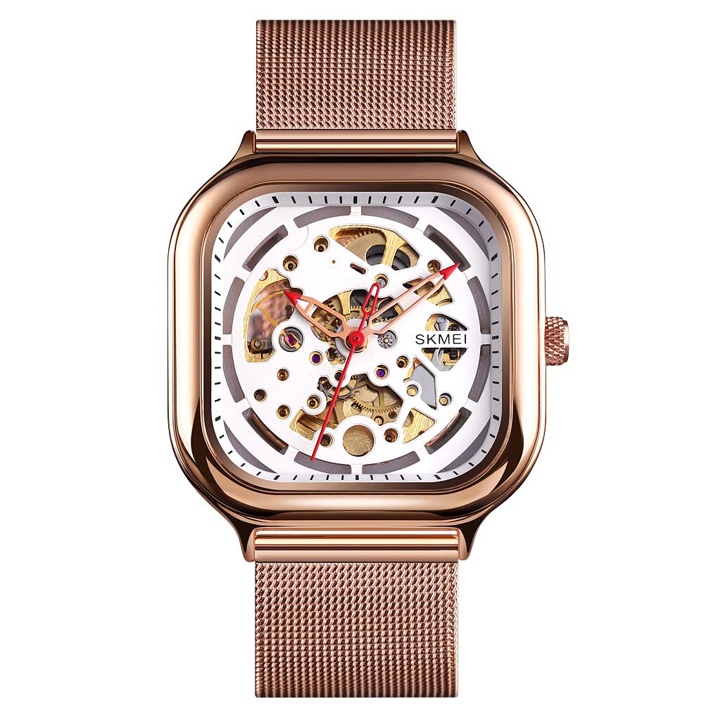 Skeleton Automatic Mechanical Watch for Men with Square Dial and Mesh Strap